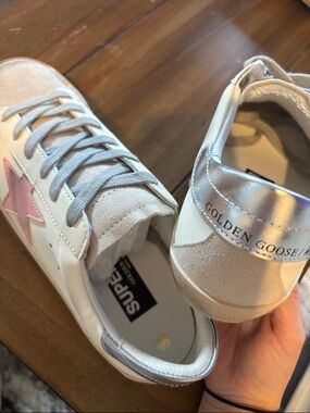 Golden Goose White Sneakers with Pink Star and Silver Heel